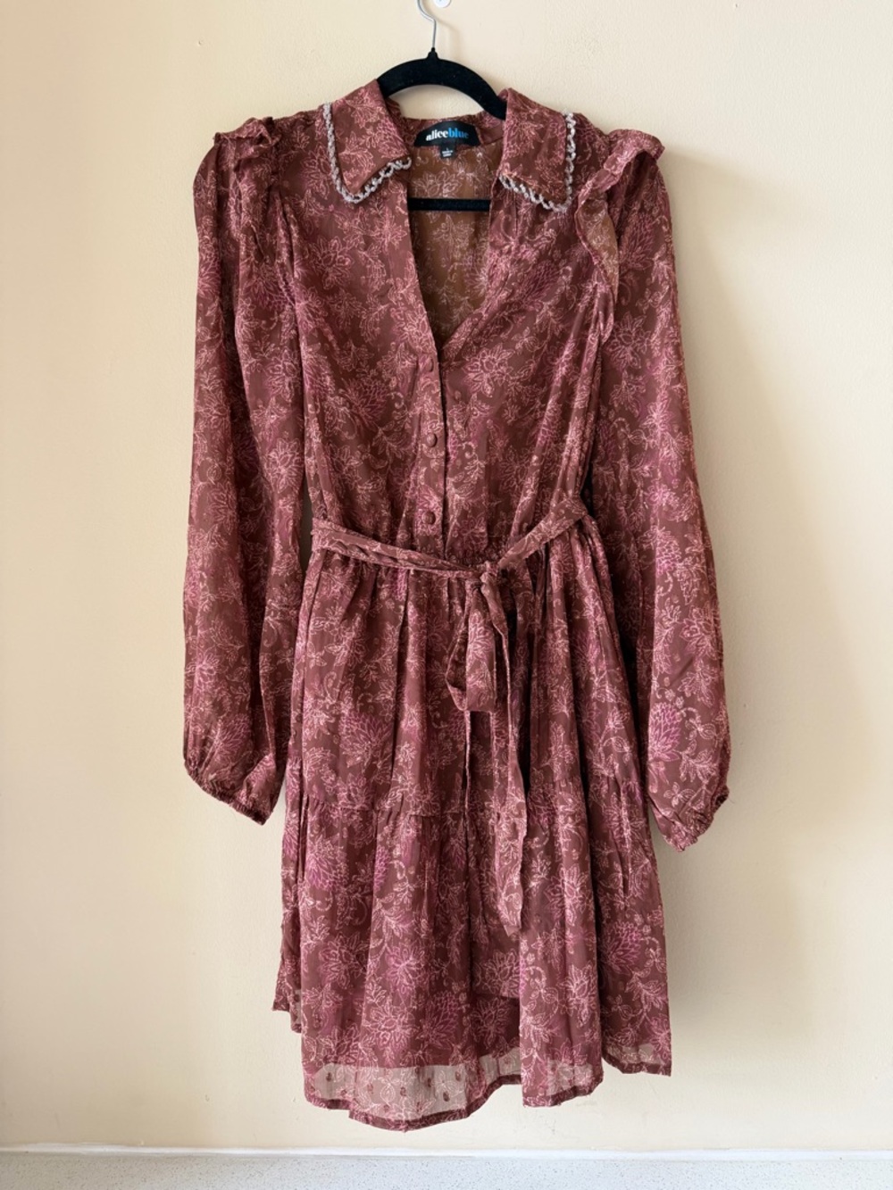 Alice Blue Mauve Floral Tie-Waist Long Sleeve Dress